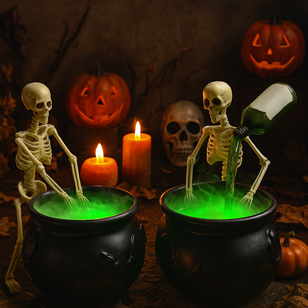 Soaked Skeleton in Cauldron Bath With Pouring Witch’s Potion LED Effect